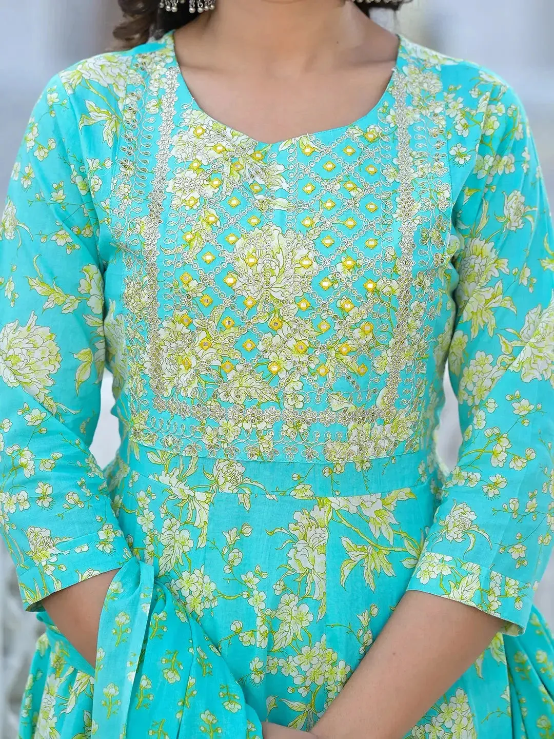 Sea Green Zari_Work Anarkali Pant Dupatta Set