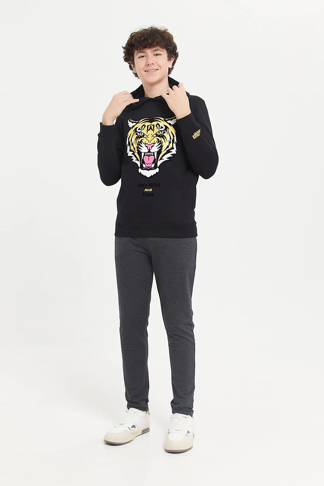 Senior Boys Black Animal Print Hoody Sweatshirt