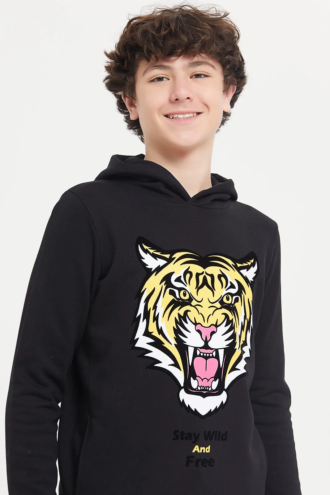 Senior Boys Black Animal Print Hoody Sweatshirt