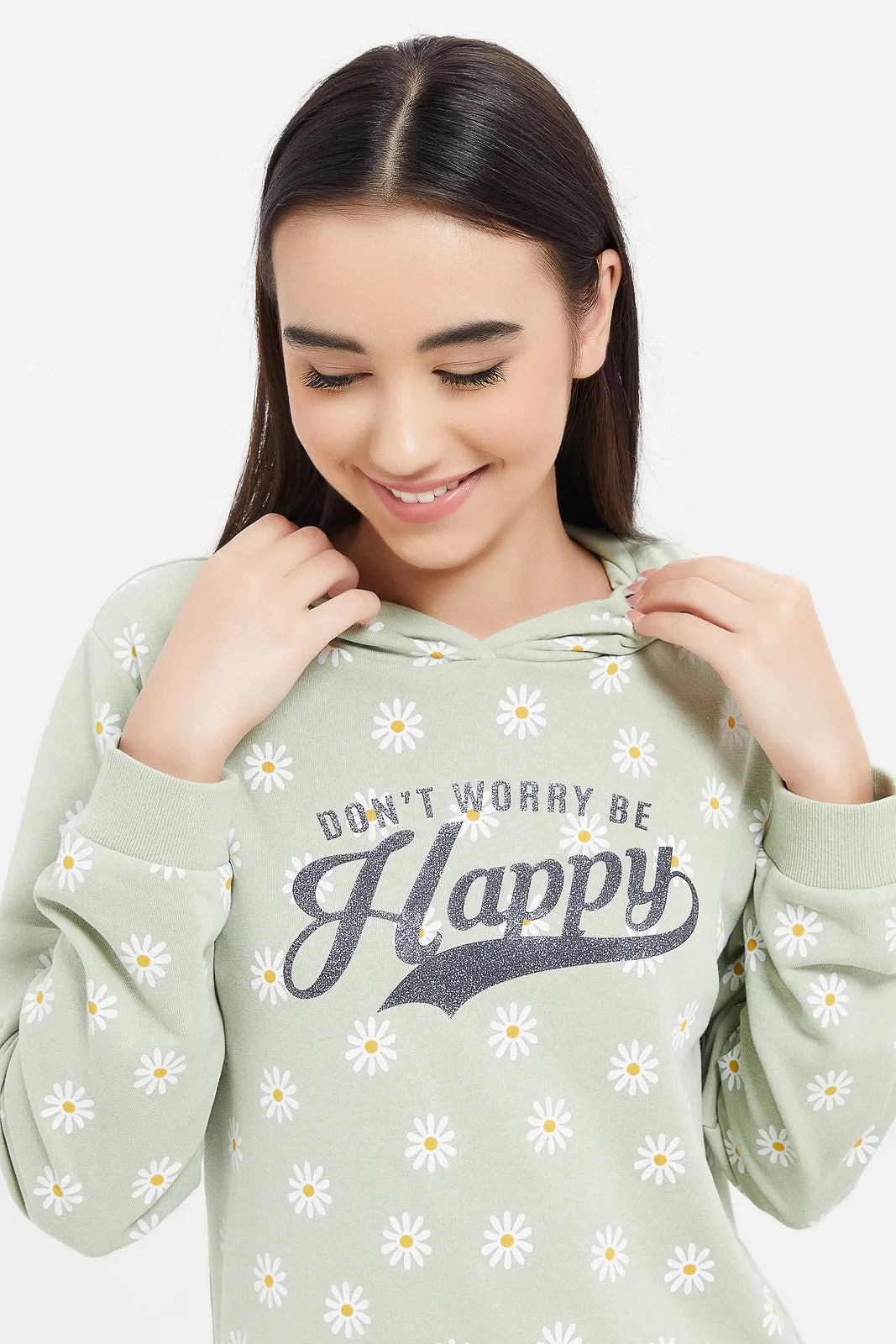 Senior Girls Green Floral Hoody Sweatshirt