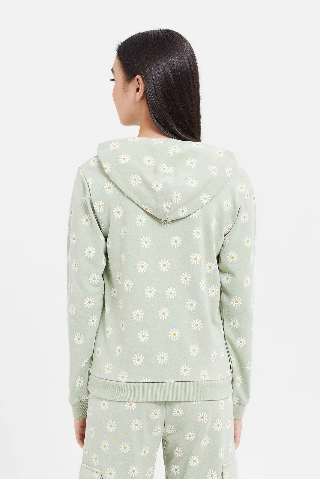 Senior Girls Green Floral Hoody Sweatshirt