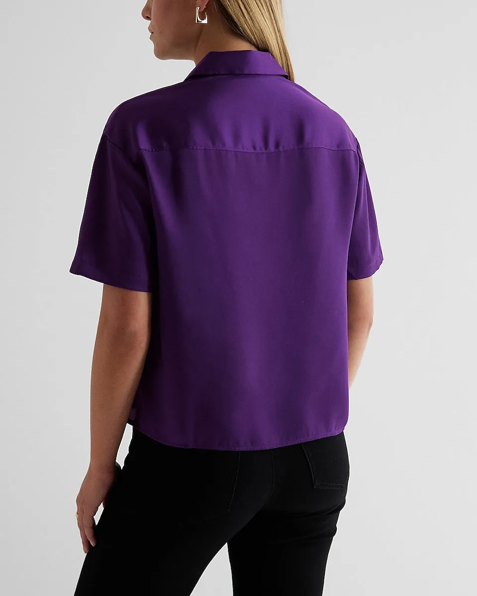 Short Sleeve Button Up Boxy Shirt in Purple