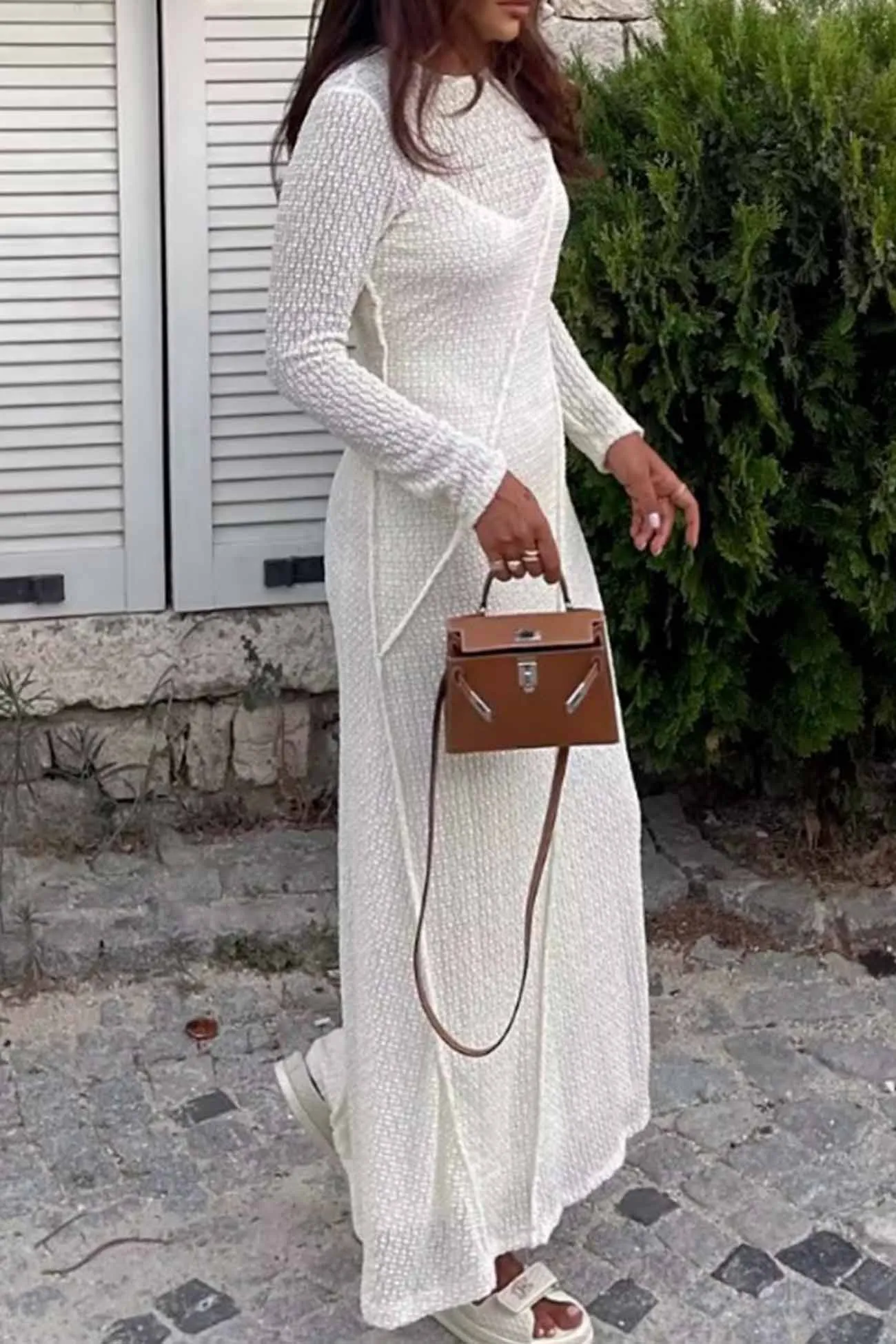 Solid Color Crew Neck Cutout Midi Dress