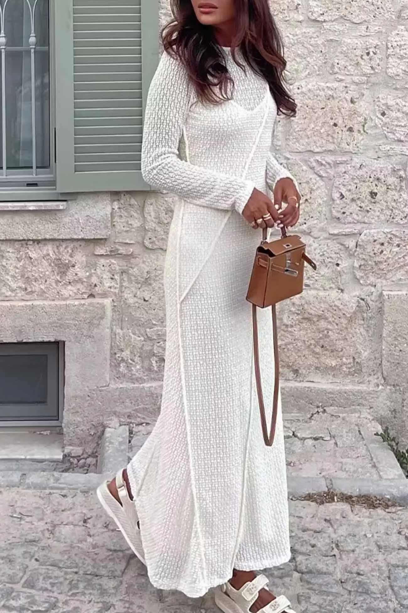 Solid Color Crew Neck Cutout Midi Dress