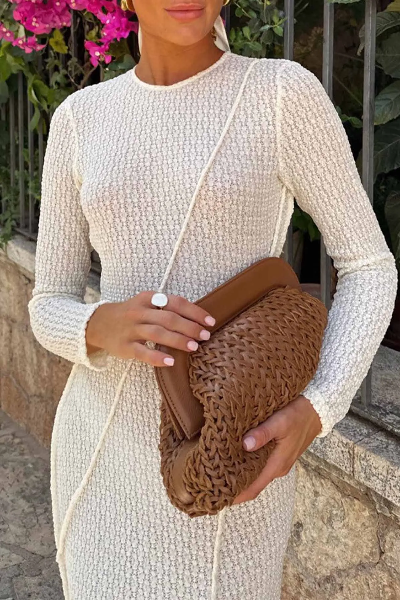 Solid Color Crew Neck Cutout Midi Dress