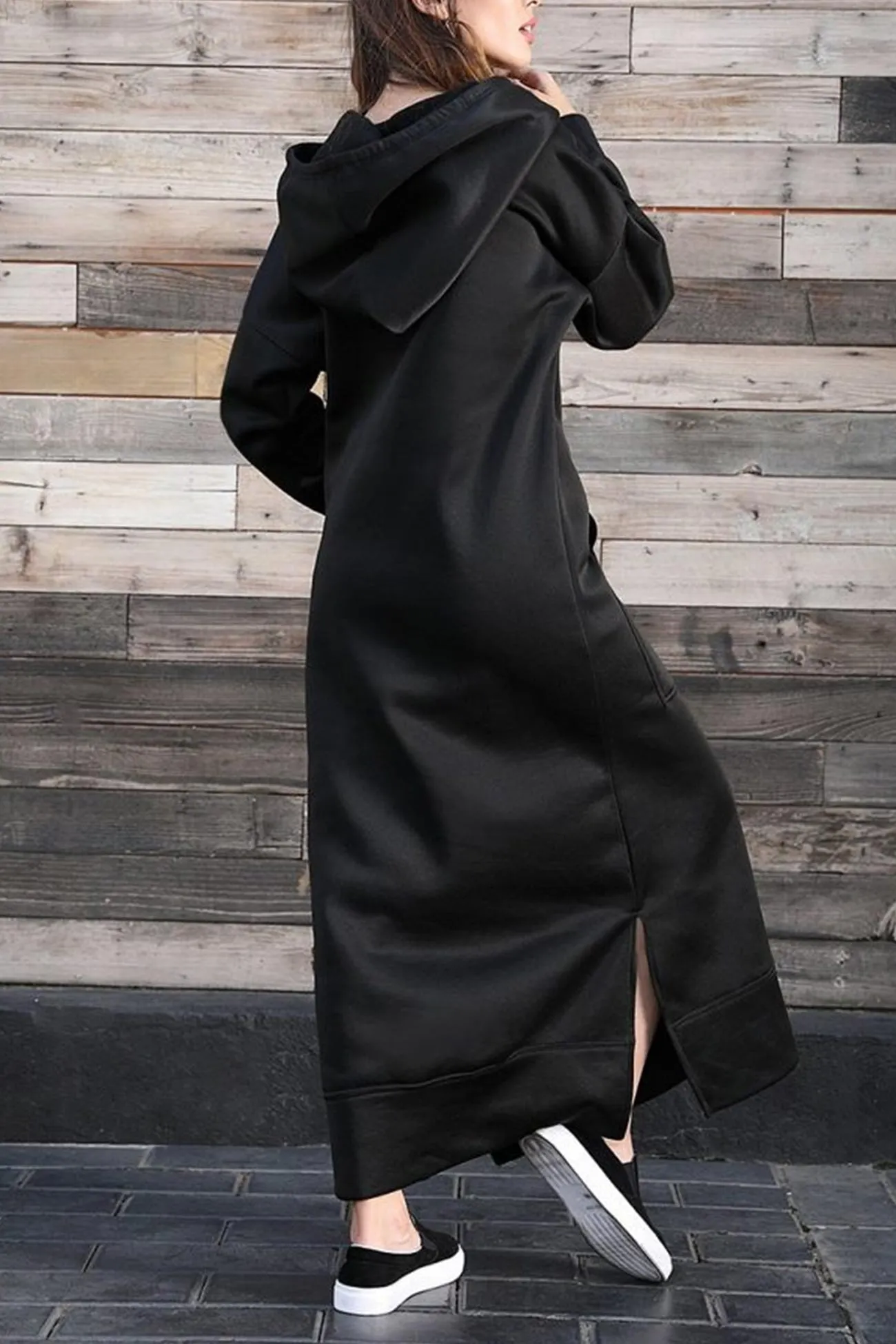 Solid Pocketed Slit Hem Hoodie Dress