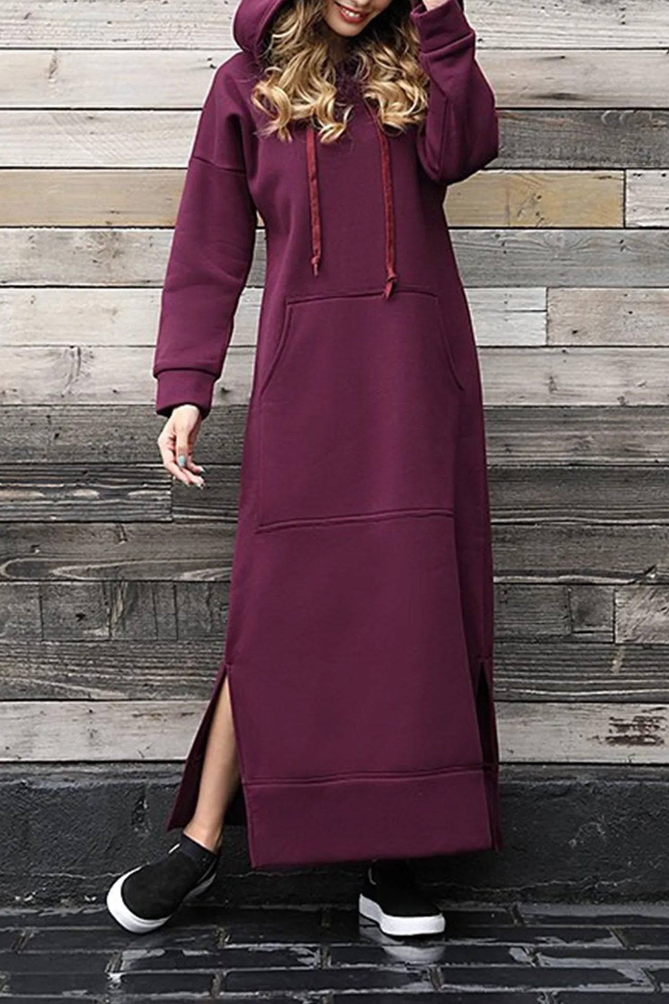 Solid Pocketed Slit Hem Hoodie Dress