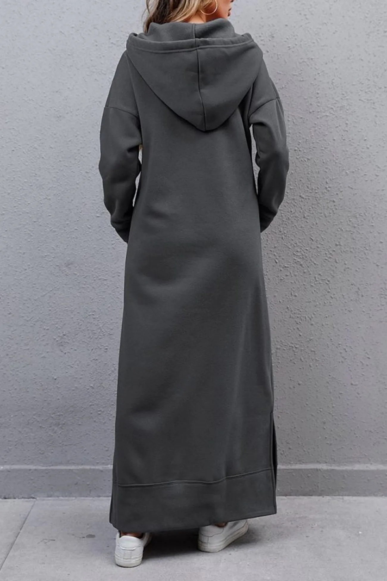 Solid Pocketed Slit Hem Hoodie Dress