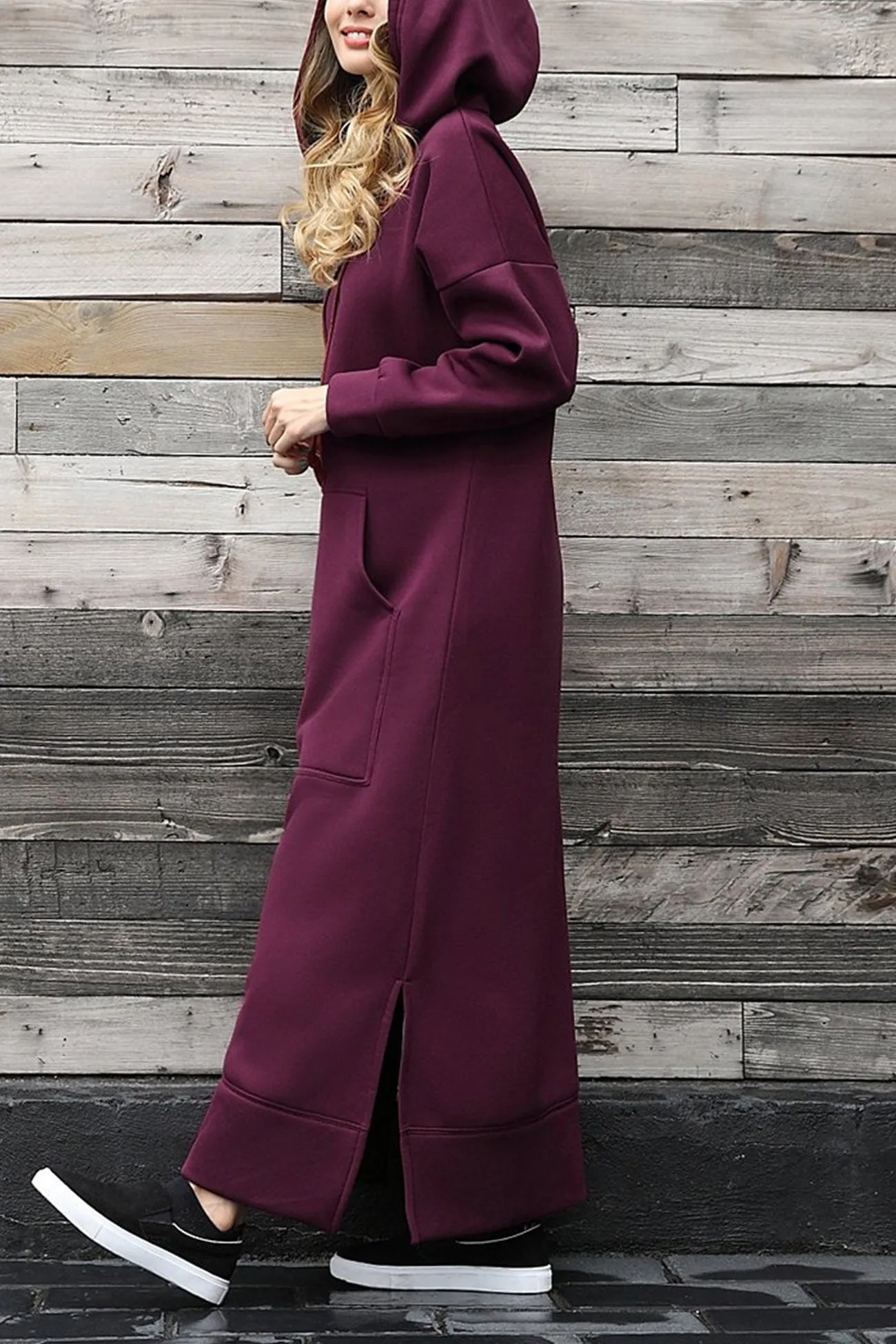 Solid Pocketed Slit Hem Hoodie Dress