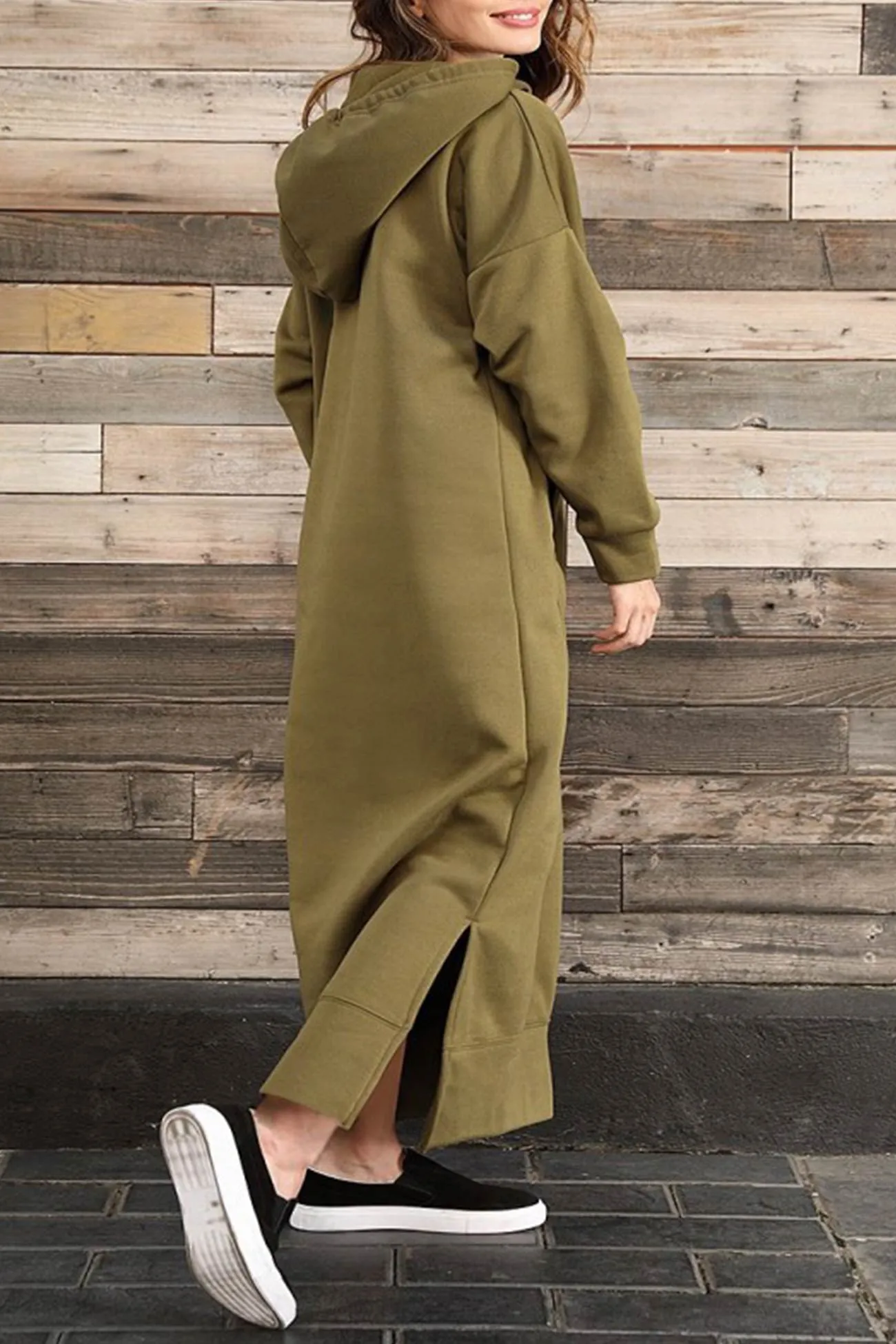 Solid Pocketed Slit Hem Hoodie Dress