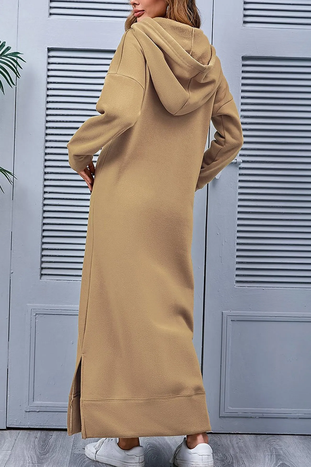 Solid Pocketed Slit Hem Hoodie Dress