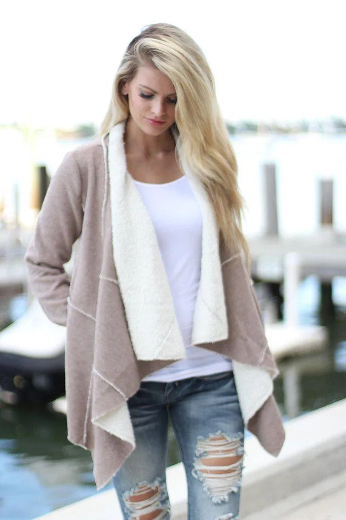 Taupe Faux Fur Cardigan With Pockets