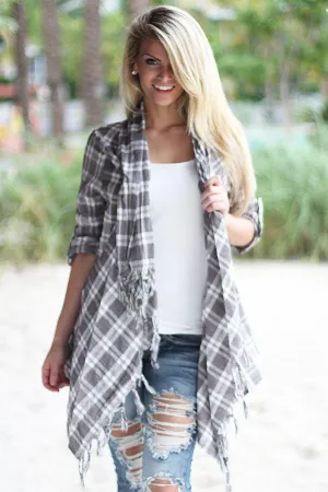 Taupe Plaid Fringe Cardigan