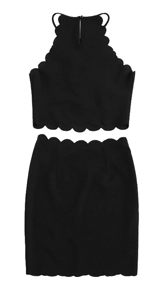 The Sarah Pearl Bead Scalloped Halter Crop Top Black