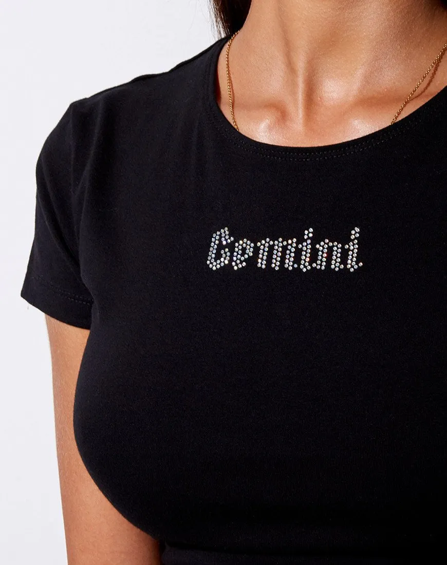 Tiney Crop Tee in Black 'Gemini' Diamante