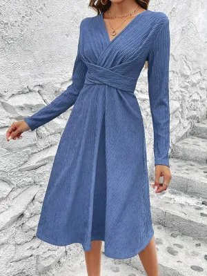 V Neck Long Sleeve Dress Women's Fashion Blue Casual Midi Dress KESLEY