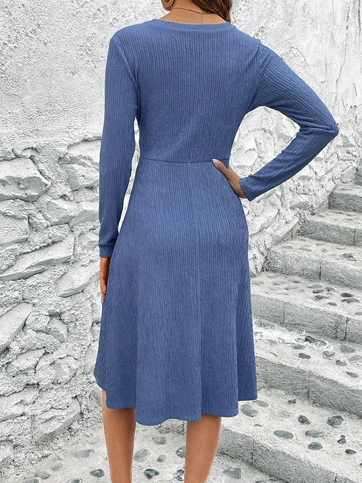 V Neck Long Sleeve Dress Women's Fashion Blue Casual Midi Dress KESLEY