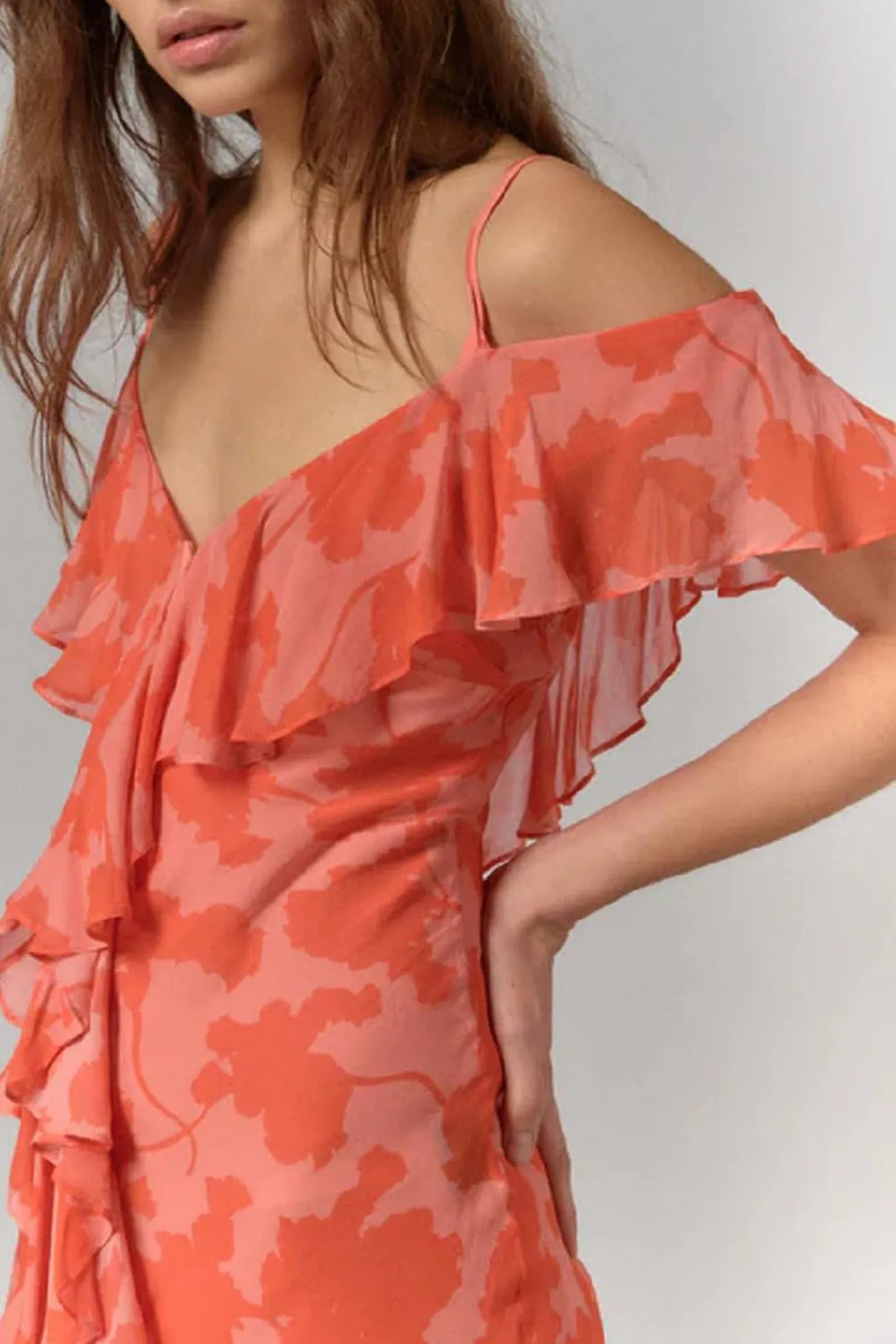 V Neck Ruffle Irregular Slit Chiffon Dress