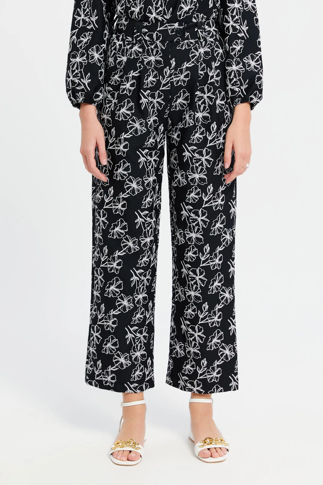 Women Black Printed Flared Trousers