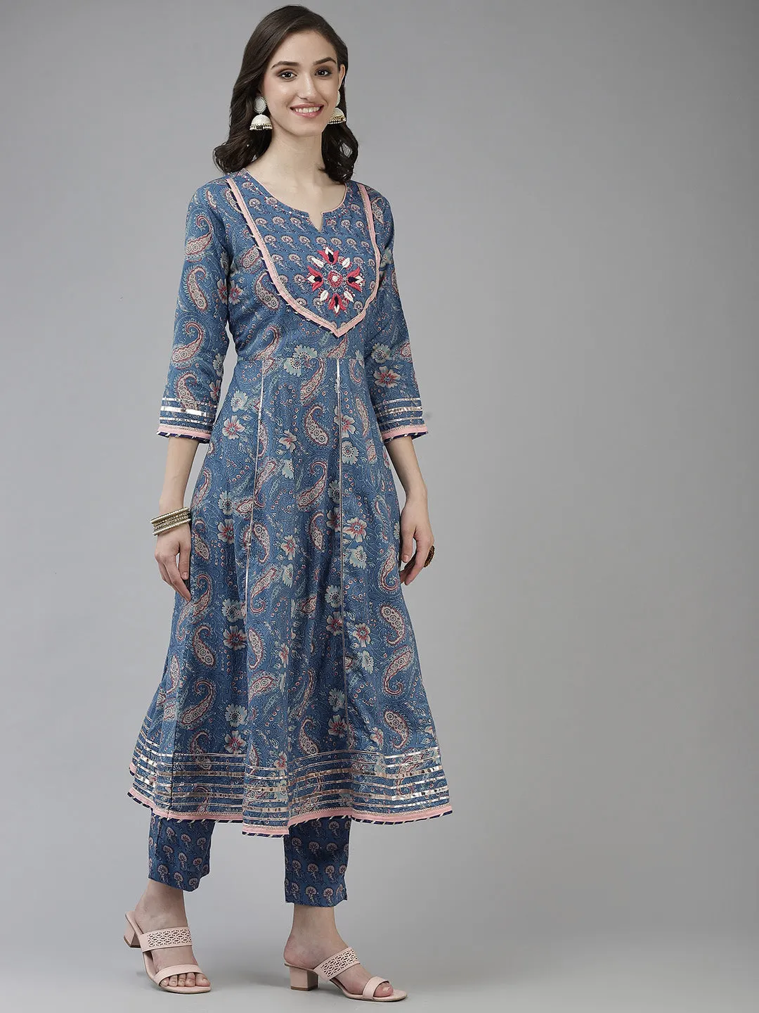 Women Blue Cotton Thread Work Kurta With Trousers & Dupatta