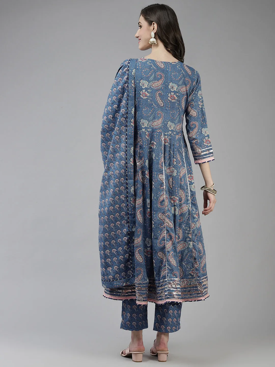 Women Blue Cotton Thread Work Kurta With Trousers & Dupatta