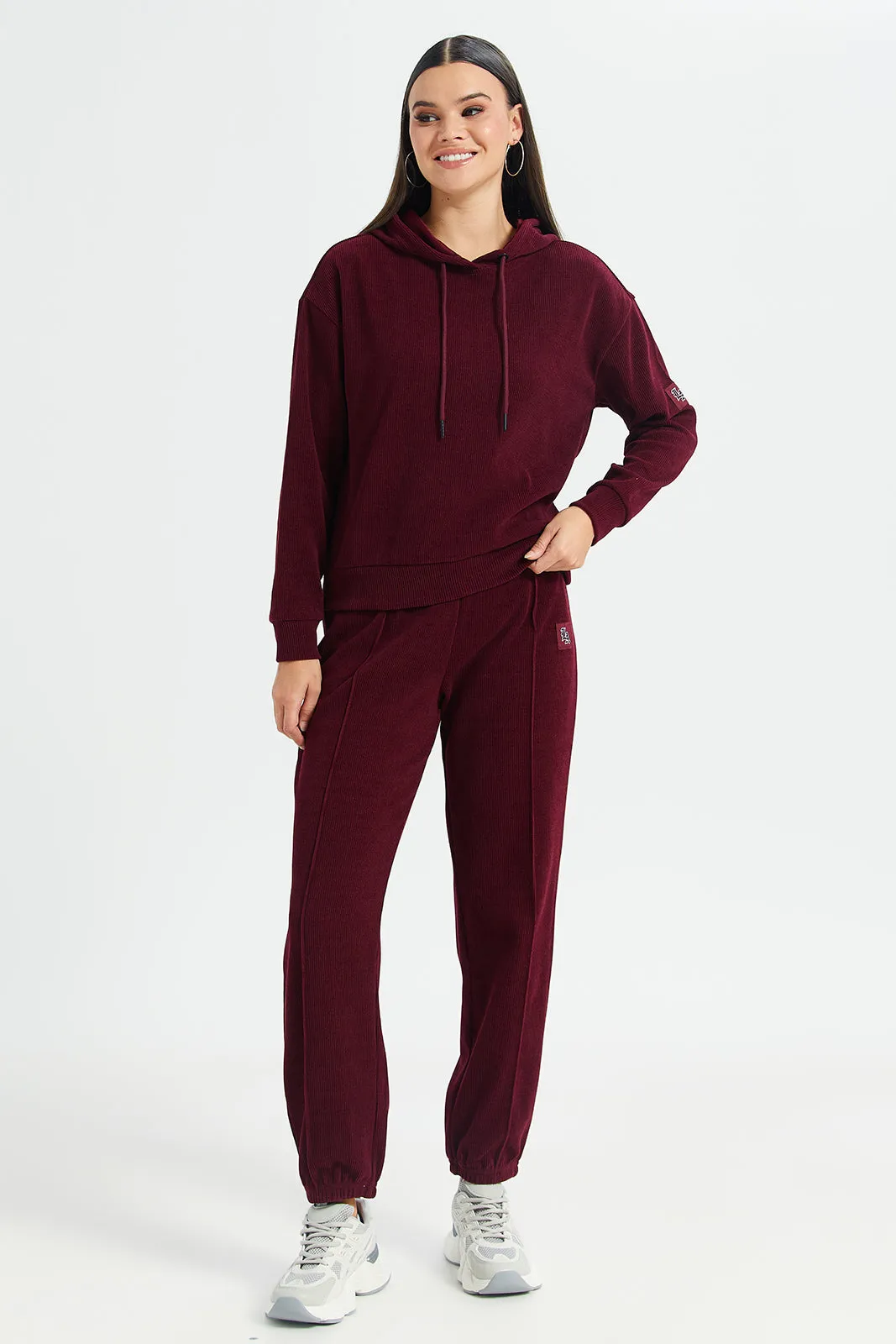 Women Burgundy Plain Hooded Sweatshirt