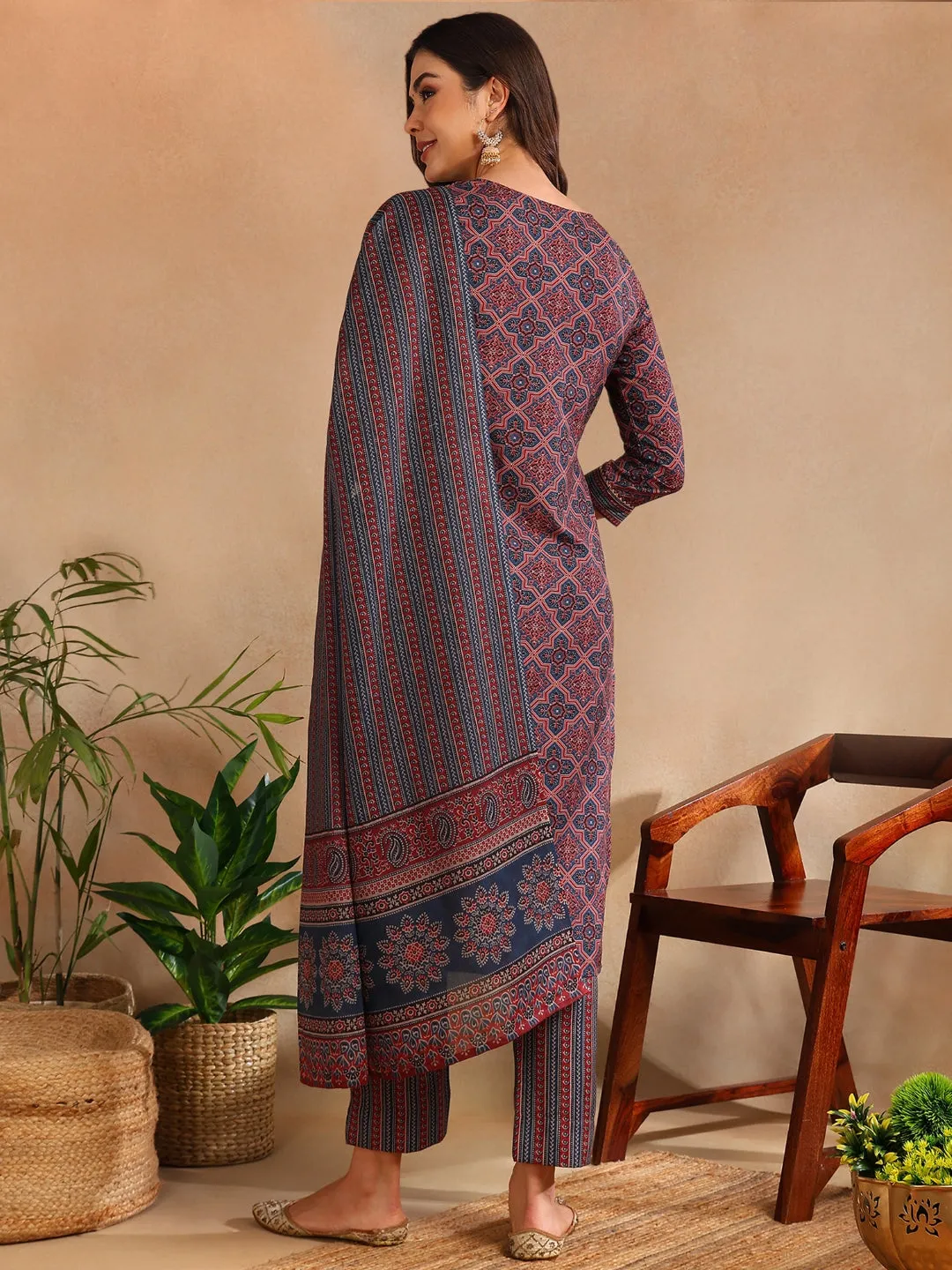 Women Maroon Rayon Blend Ajrakh Printed Straight Kurta Trouser With Dupatta