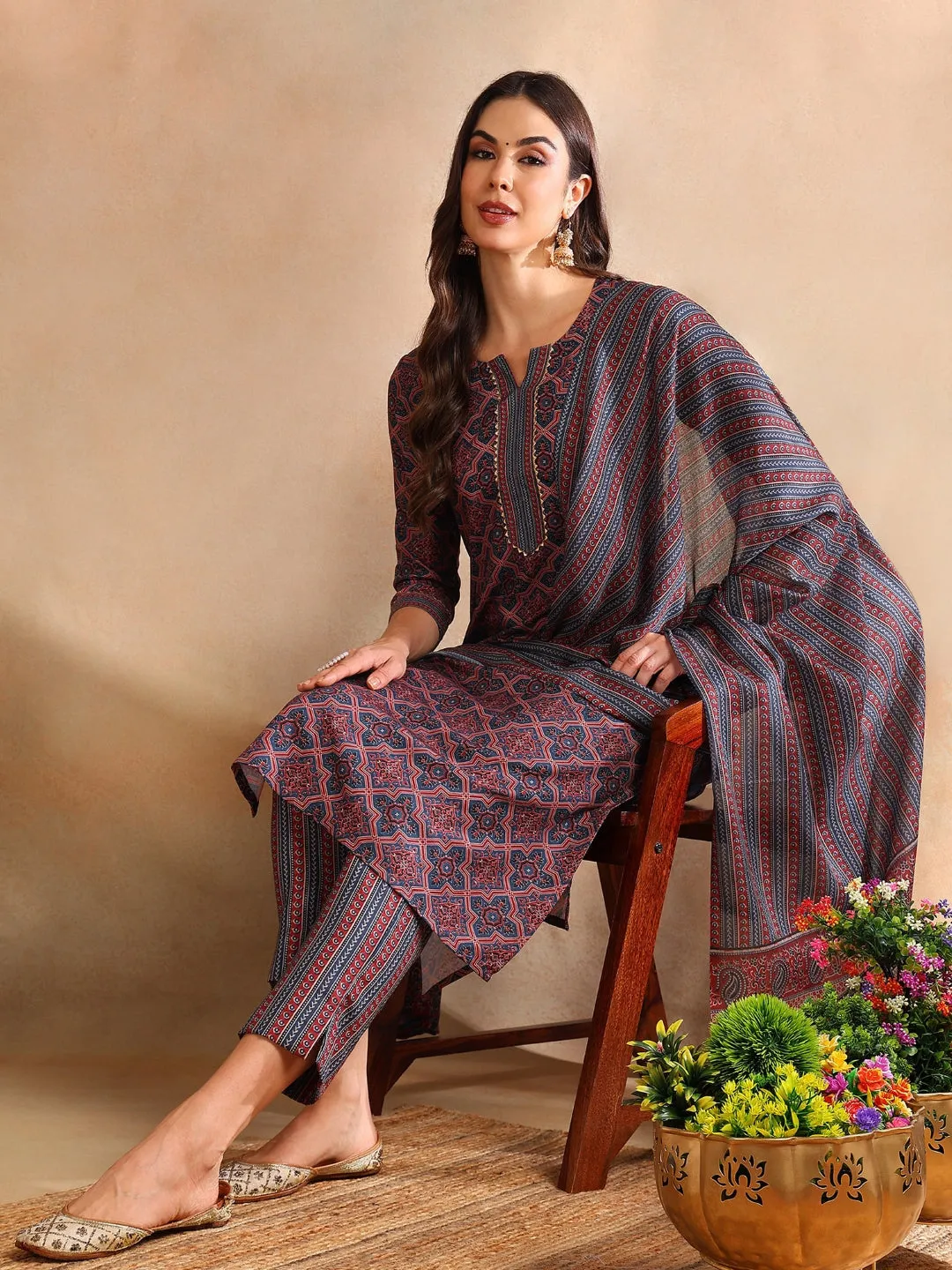 Women Maroon Rayon Blend Ajrakh Printed Straight Kurta Trouser With Dupatta