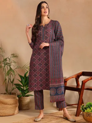 Women Maroon Rayon Blend Ajrakh Printed Straight Kurta Trouser With Dupatta