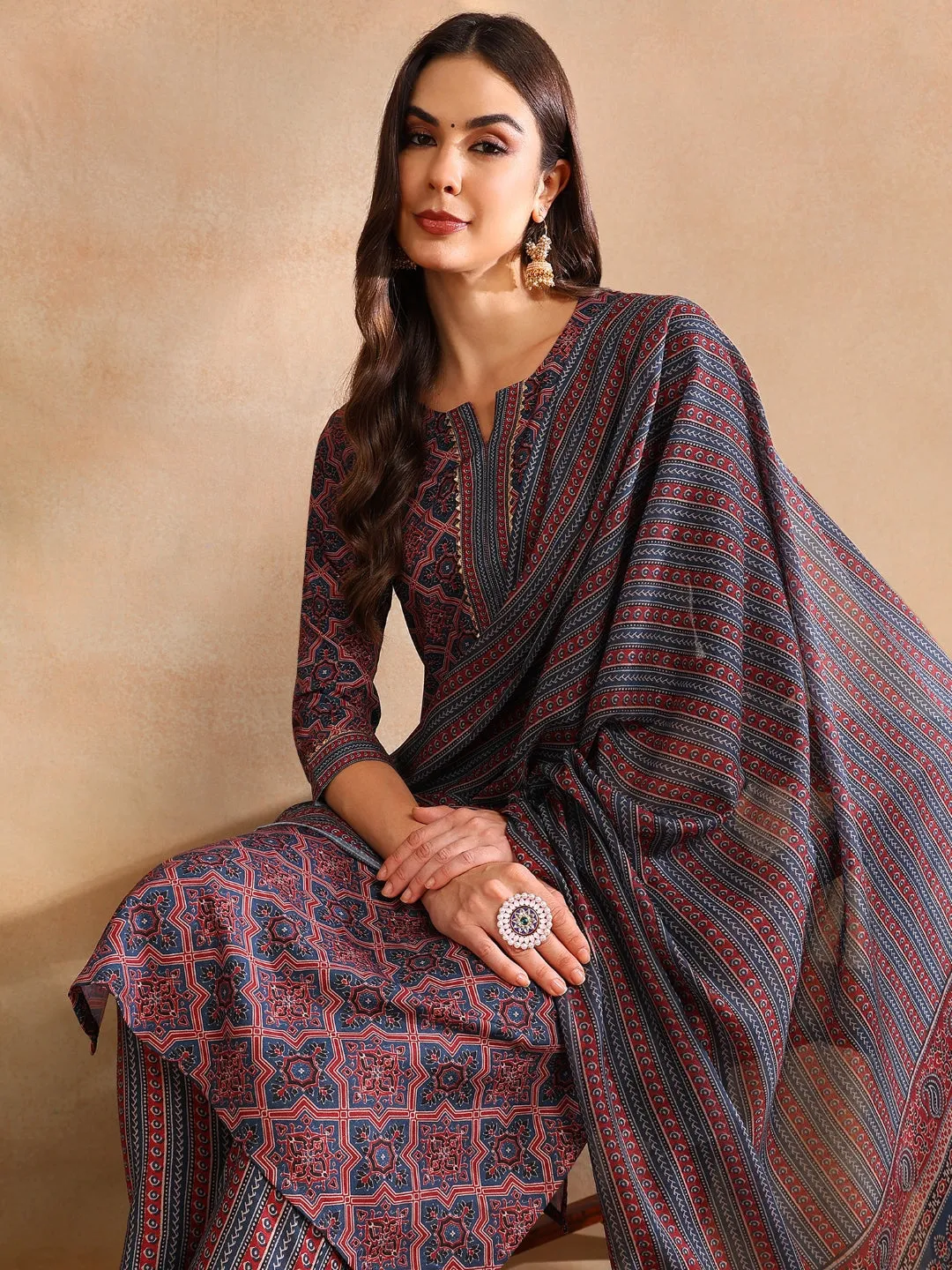 Women Maroon Rayon Blend Ajrakh Printed Straight Kurta Trouser With Dupatta