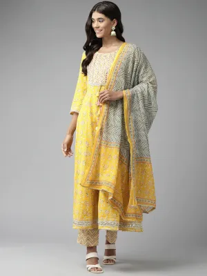 Women Mustard Yellow Mirror Work Cotton Anarkali Kurta With Pant And Dupatta Set