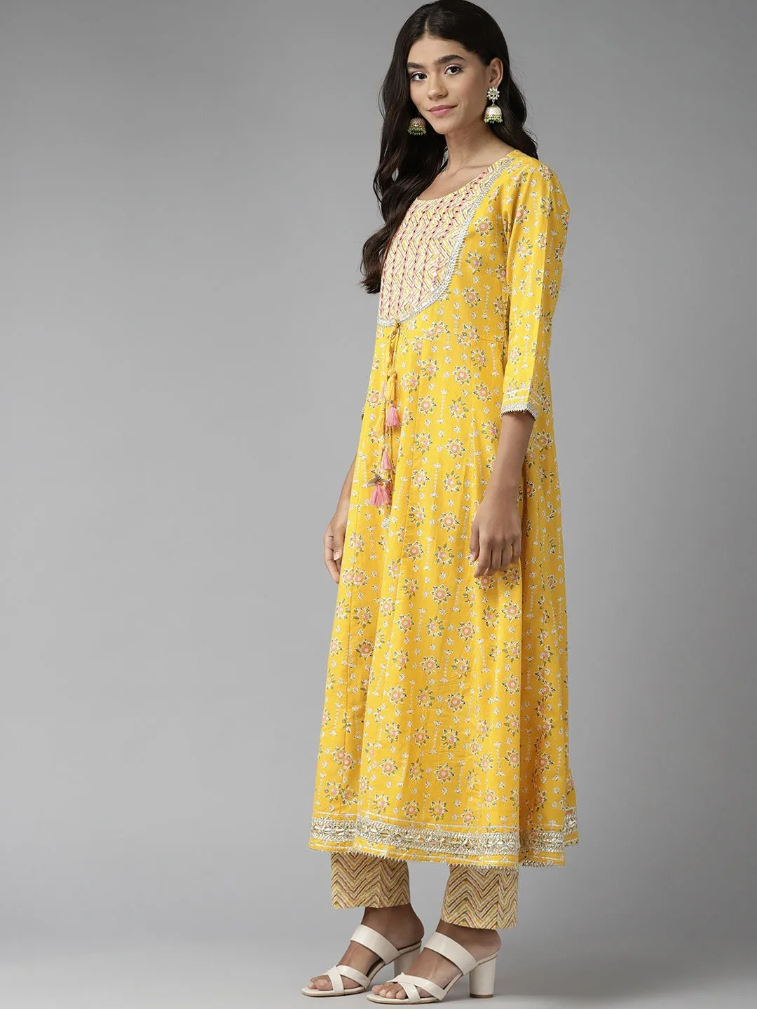 Women Mustard Yellow Mirror Work Cotton Anarkali Kurta With Pant And Dupatta Set