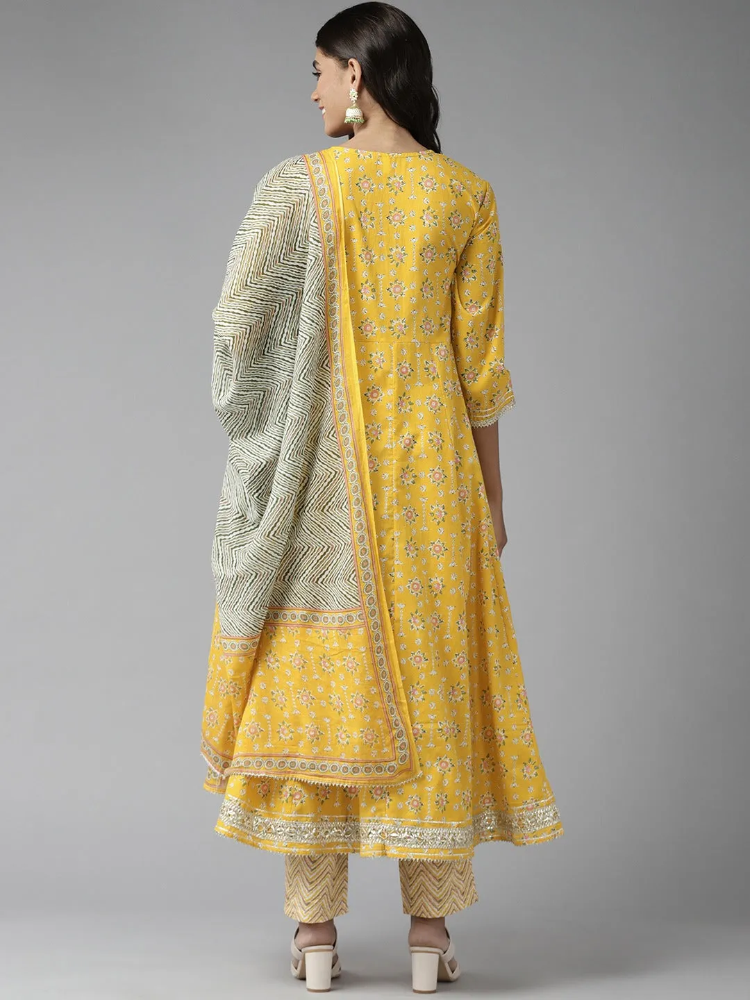 Women Mustard Yellow Mirror Work Cotton Anarkali Kurta With Pant And Dupatta Set