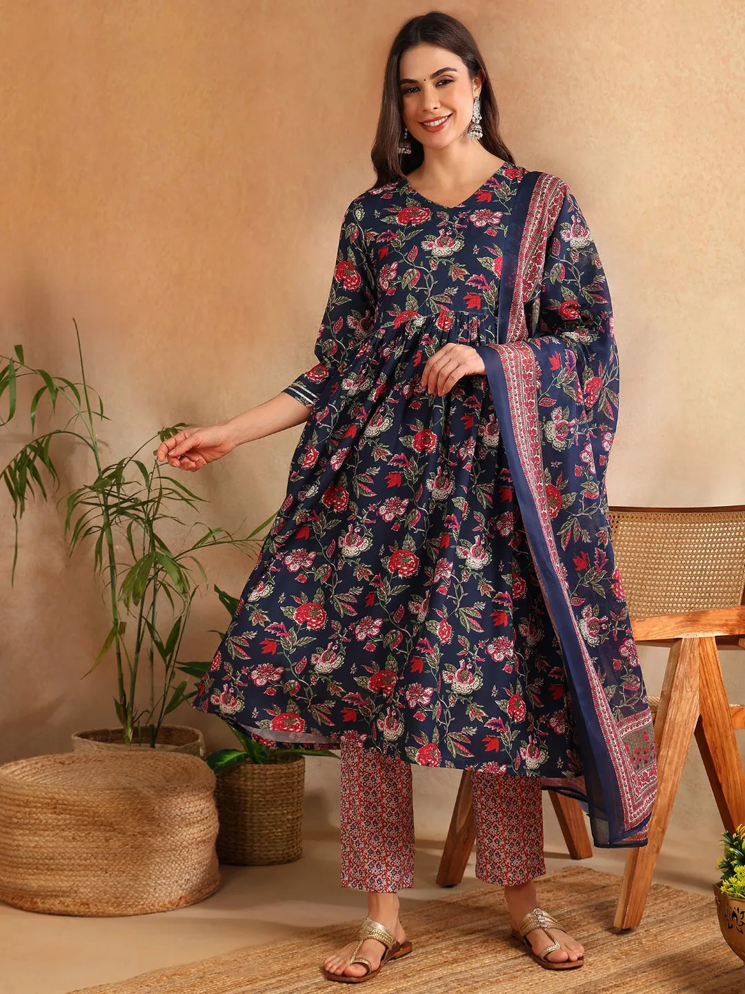 Women Navy Blue Rayon Blend Floral Printed A-Line Kurta Trouser With Dupatta