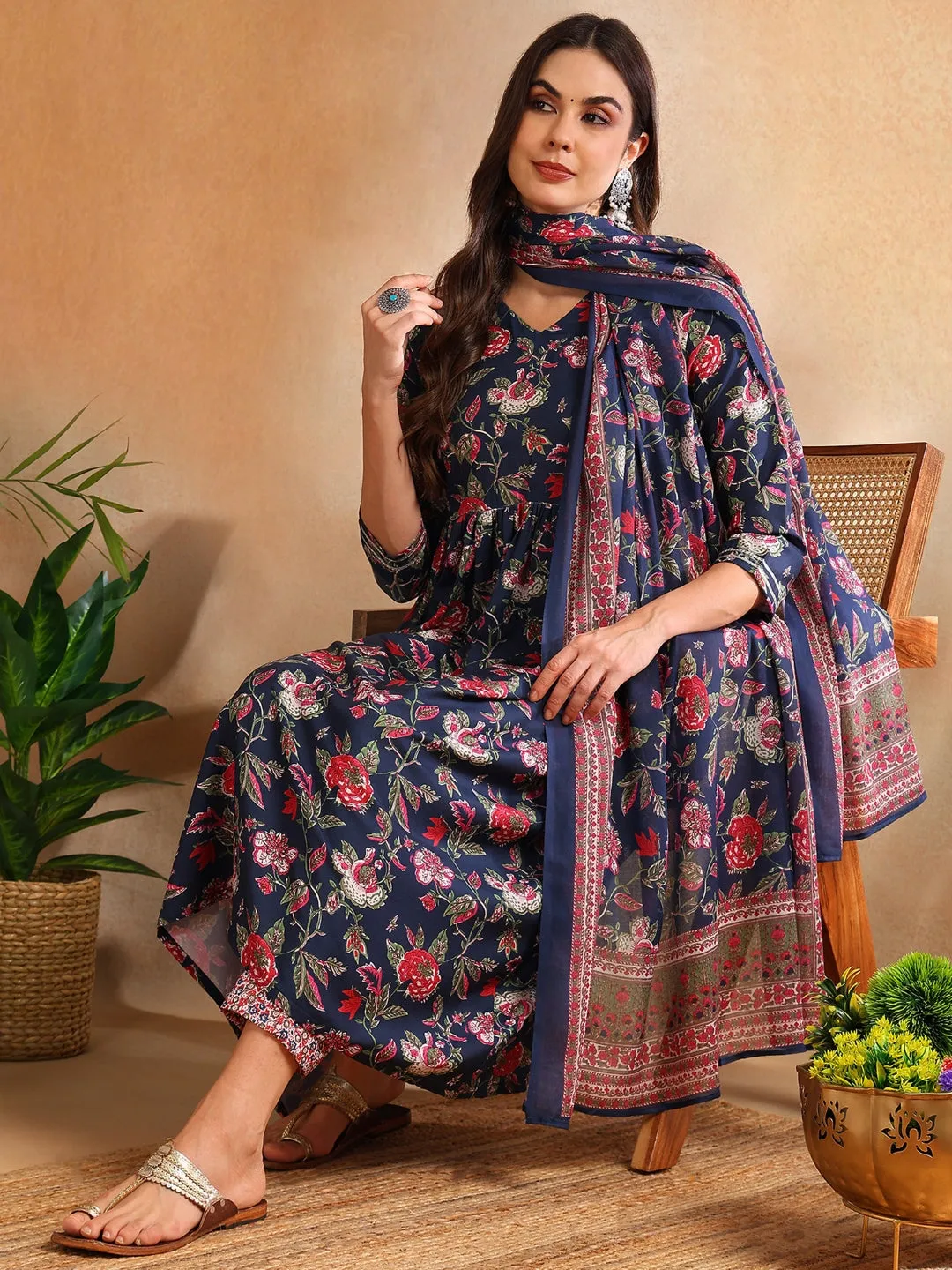 Women Navy Blue Rayon Blend Floral Printed A-Line Kurta Trouser With Dupatta