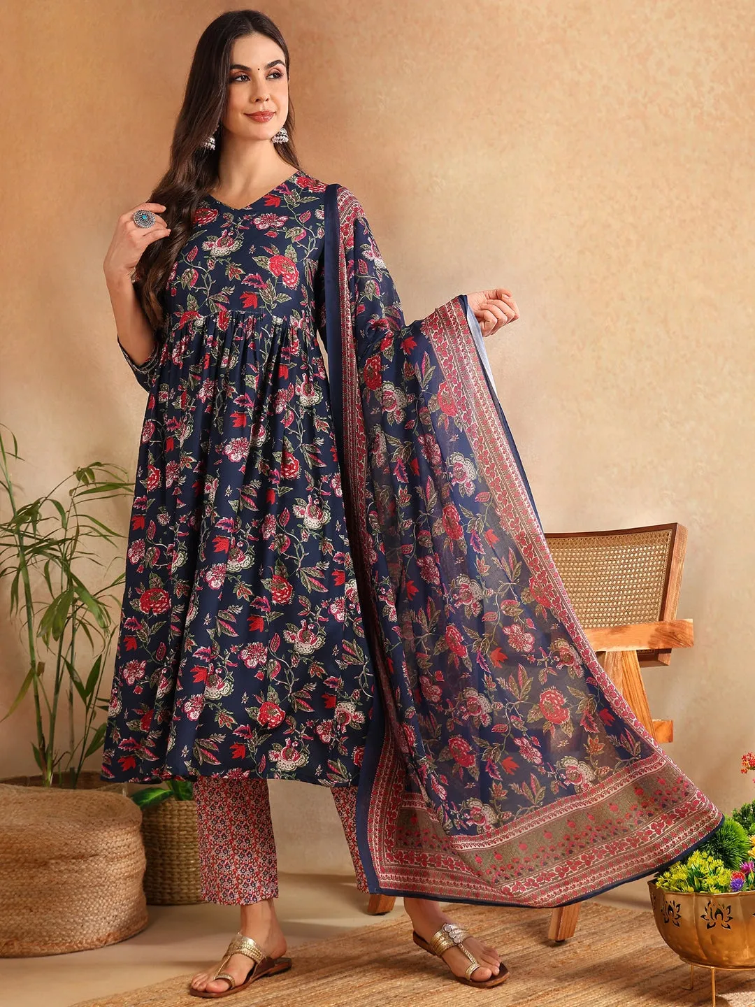 Women Navy Blue Rayon Blend Floral Printed A-Line Kurta Trouser With Dupatta