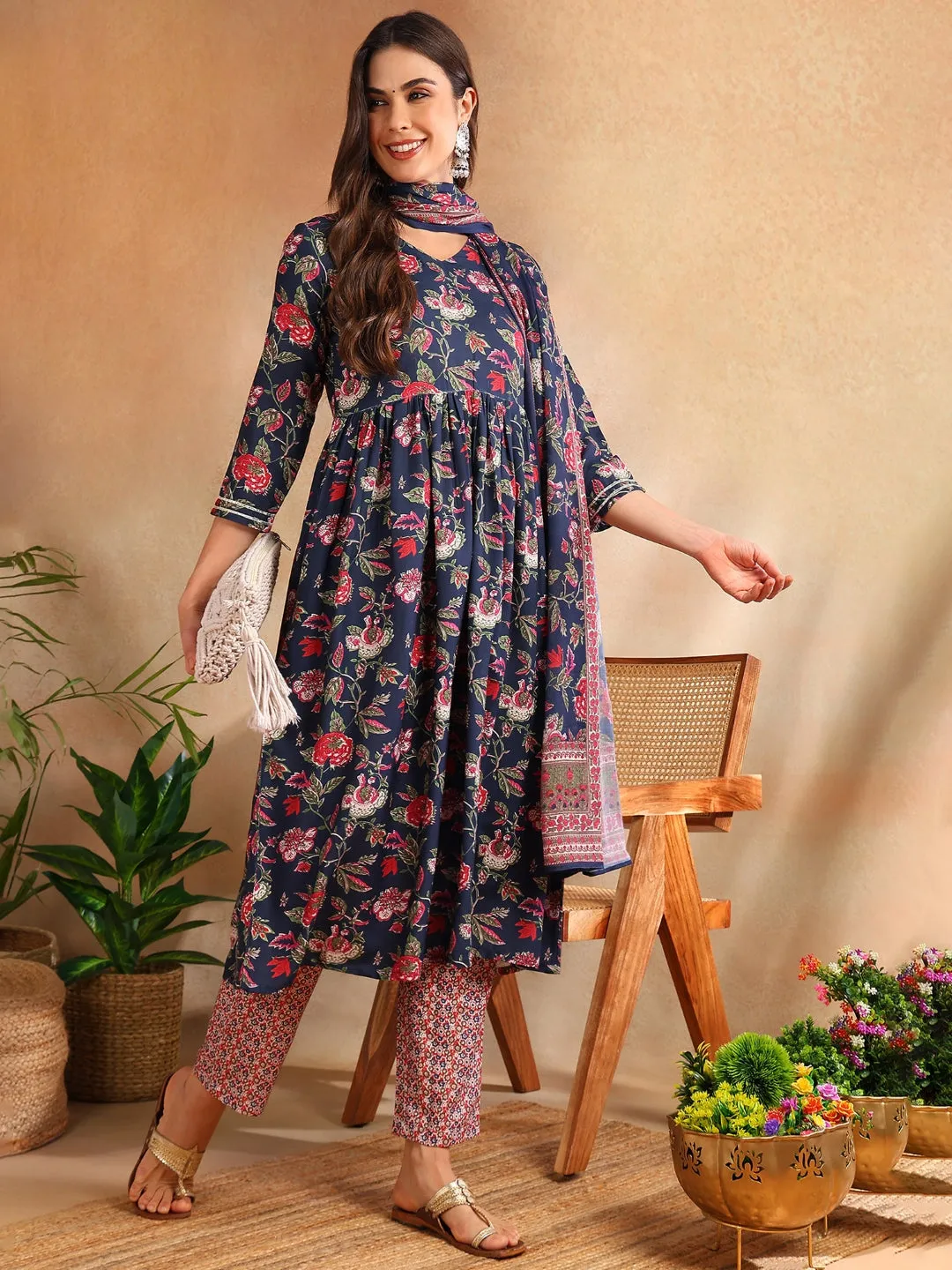 Women Navy Blue Rayon Blend Floral Printed A-Line Kurta Trouser With Dupatta