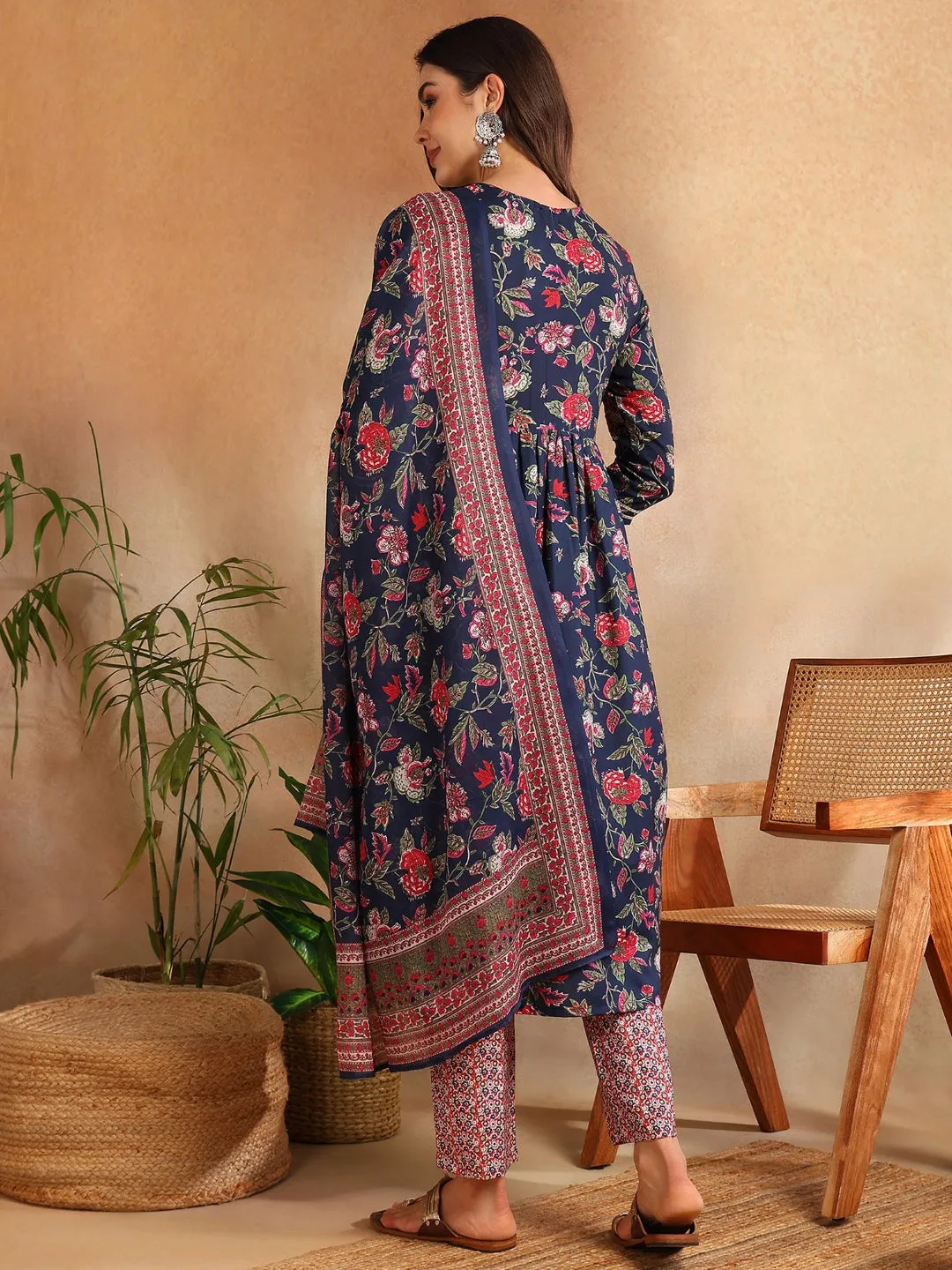 Women Navy Blue Rayon Blend Floral Printed A-Line Kurta Trouser With Dupatta