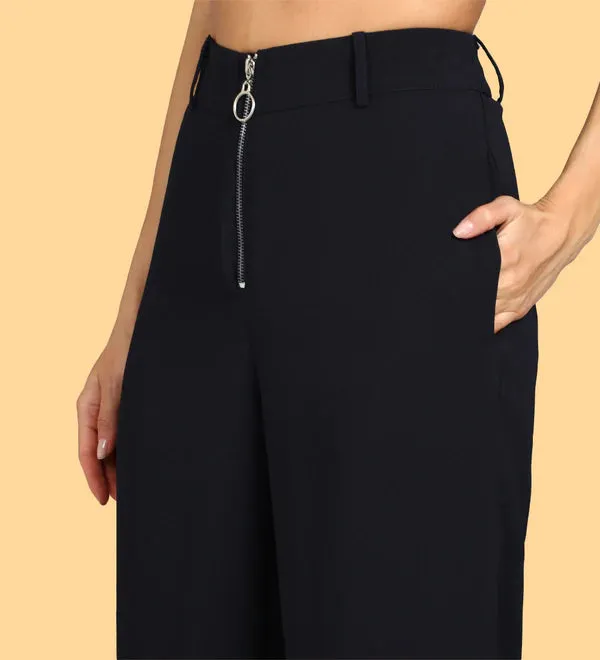 Women Navy Flared Solid Parallel Trousers.