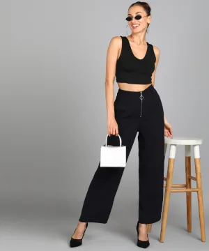 Women Navy Flared Solid Parallel Trousers.