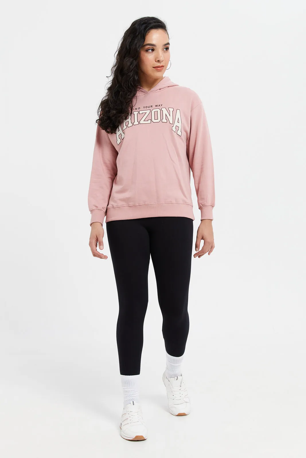 Women Pink Printed Hooded Sweatshirt