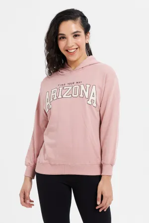 Women Pink Printed Hooded Sweatshirt