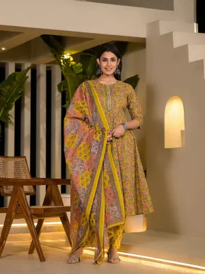 Yellow Thread Work Cotton Anarkali Style Kurta And Trousers With Dupatta Set